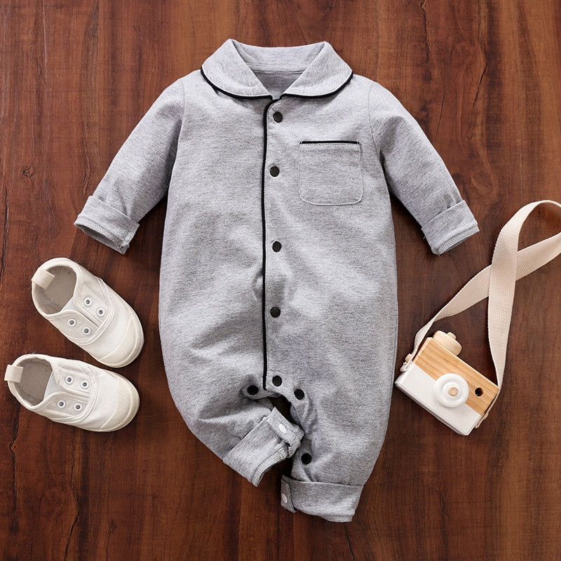 PatPat New Spring Autumn Baby Boy Girl Newborn Cotton Solid Polo Collar Cardigan Pocket Design Long-sleeve Jumpsuit