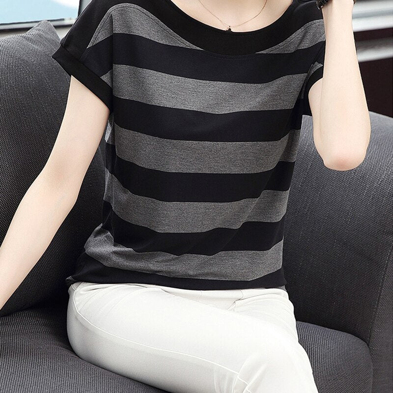 Cotton Black Striped Women Summer Loose T-Shirts 2022 Female Plus Size Short Sleeve Casual O-Neck Modal T Shirt Ladies Soft Tops