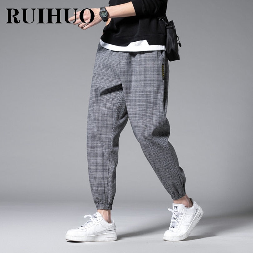 RUIHUO Ankle-Length Plaid Harem Pants Men Clothing Joggers Men Pants Trousers Japanese Fashion Grey Sweatpants M-3XL 2022