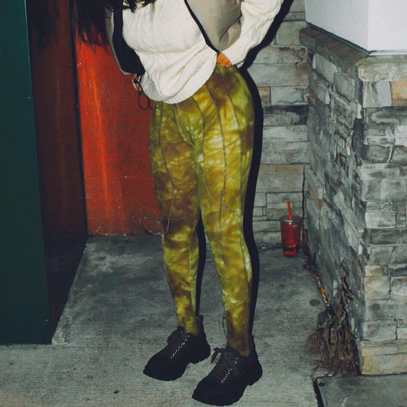 Tie Dye Print Sporty Skinny Leggings For Women High Waist Casual Wear Athleisure Pants Patchwork Slim Fashion Leggins