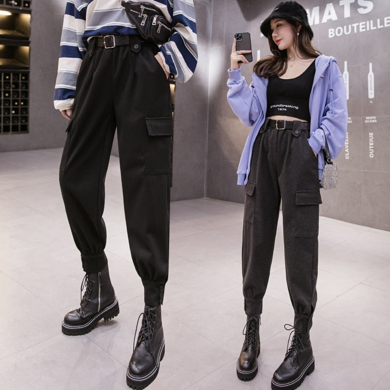 2022 Streetwear Cargo Pants Women Harajuku Winter Woolen Warm Ladies Trousers Stretch High Waist Harem Pants Gray Black Khaki