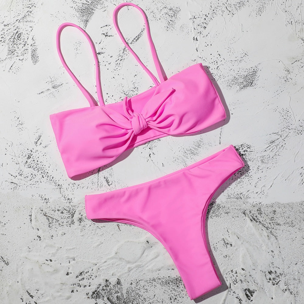 ZTVitality Sexy Solid Bow Bikinis Push Up Bikini 2021 Straps Padded Low Waist Swimsuit Bandage Swimwear Women Brazilian Biquini