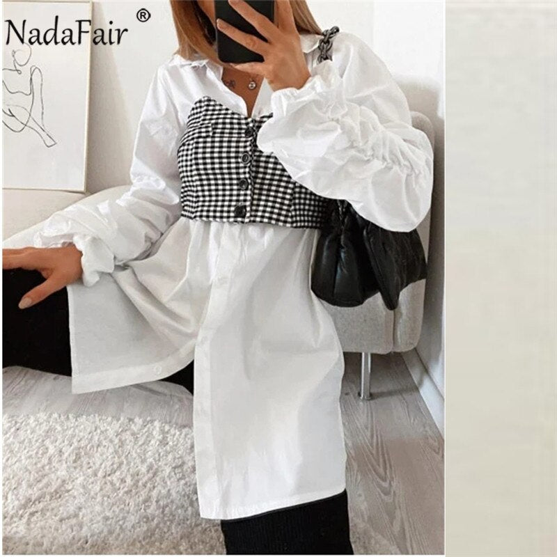 Nadafair Houndstooth Patchwork Shirt Dress Casual Women 2020 Fashion Stacked Gathered Sleeves Corseted A-Line Mini Woman Dress