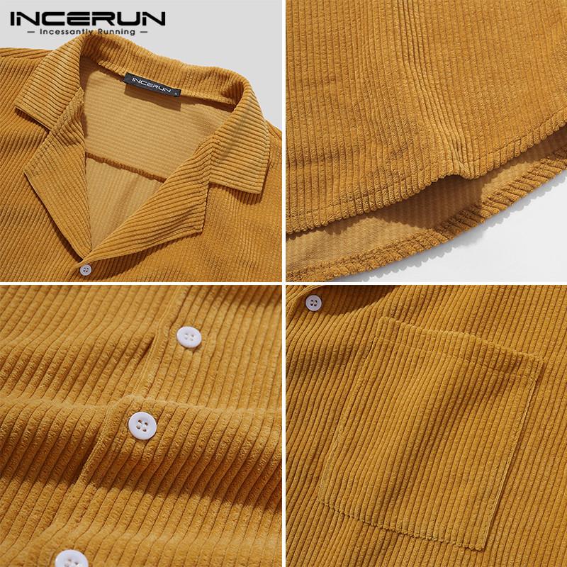 Men Fashion Solid Sets INCERUN Short Sleeve Lapel Shirts Drawstring Shorts Suits Leisure Curduroy Suits Vinatge Mens Sets S-5XL