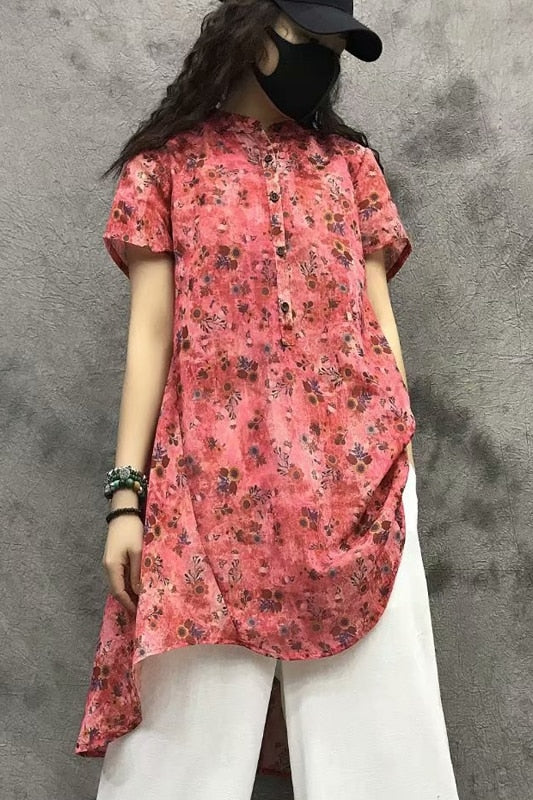 Summer 2019 women's new vintage ramie digital printing short sleeve T-shirt women's irregular long jacket women