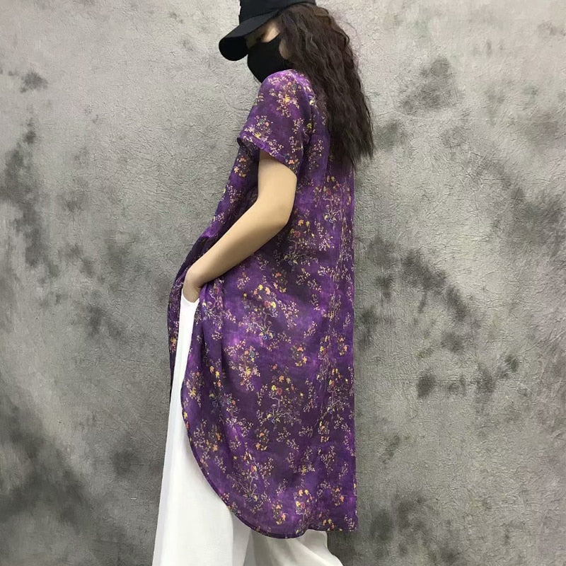 Summer 2019 women's new vintage ramie digital printing short sleeve T-shirt women's irregular long jacket women