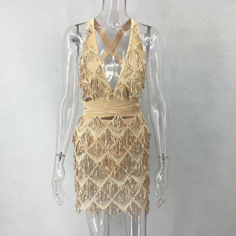 Bonnie Forest Sparkle Backless Tassel Sequins Bodycon Dress Women Sequins Fringed Bandage Chirstmas Party Dress Birthday Outfits