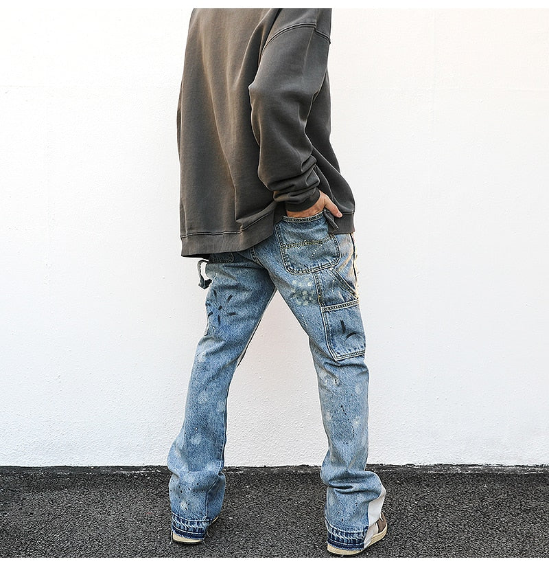 Distressed Splash Ink Flare Jeans Urban Streetwear Patch Mens Graffiti Flared Jeans Hip Hop Washed Blue Slim Fit Denim Pants Men