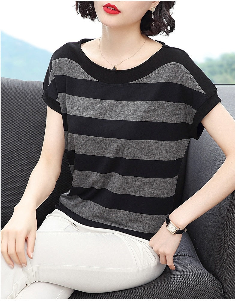 Cotton Black Striped Women Summer Loose T-Shirts 2022 Female Plus Size Short Sleeve Casual O-Neck Modal T Shirt Ladies Soft Tops