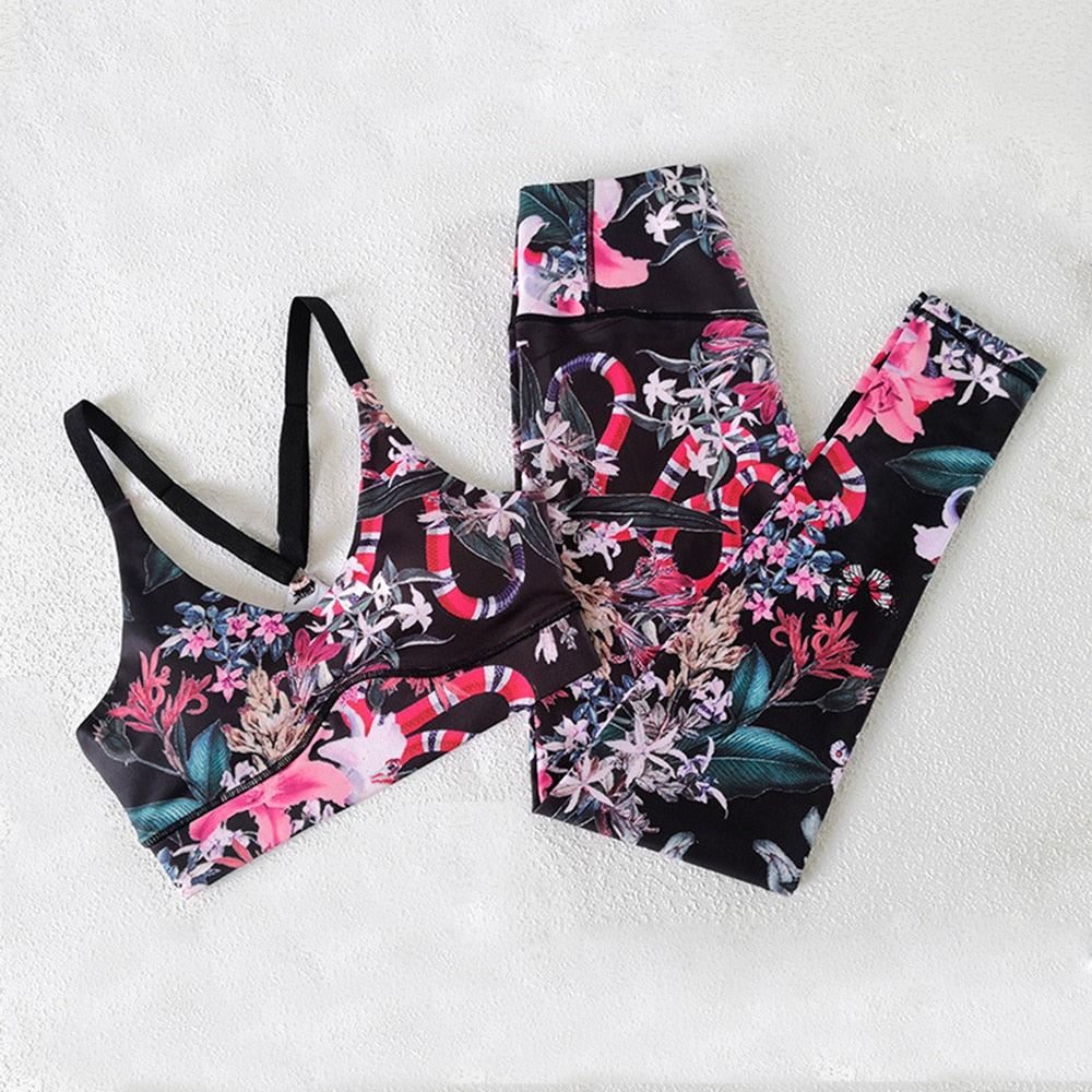 Yoga Gym Set Women 2 Piece Set Fitness Women Sport Set Workout Clothes For Women Floral Print Sports Suits Women Gym Clothing