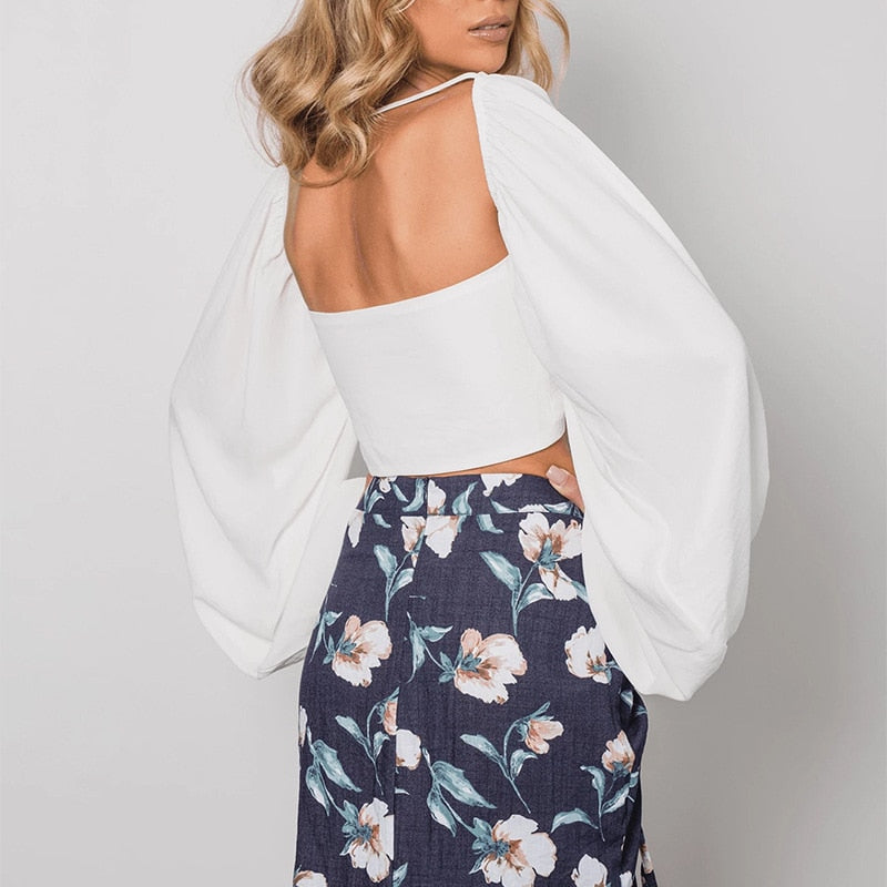 Cryptographic Sexy Backless Fashion Square Collar Wrap Women Shirts Batwing Sleeve Solid Crop Tops Women Tops and Blouses 2021