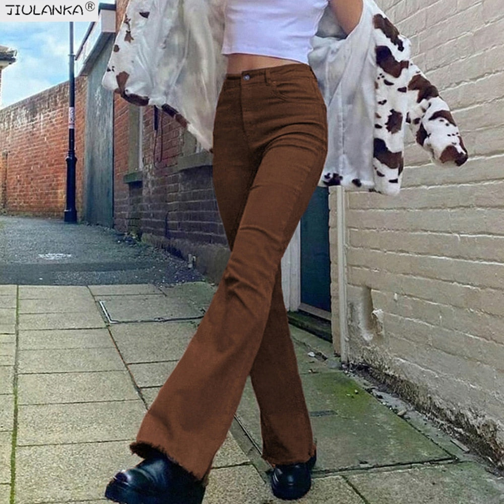 Women's stretch Flared brown jeans woman high waist black Jeans brown Pants undefined Women's pants Jean women clothing trousers