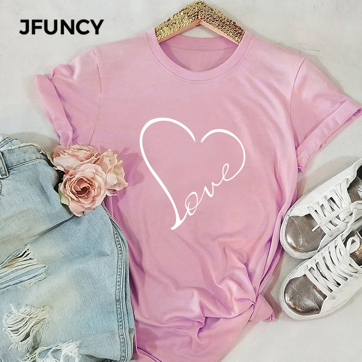 JFUNCY Cotton T-shirt Women Love Print T-shirts Women&#39;s S-5XL Kawaii Harajuku Female Shirts Top Clothes Camiseta Mujer