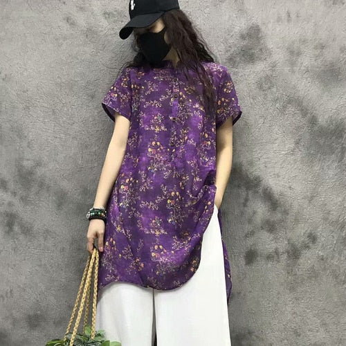 Summer 2019 women's new vintage ramie digital printing short sleeve T-shirt women's irregular long jacket women