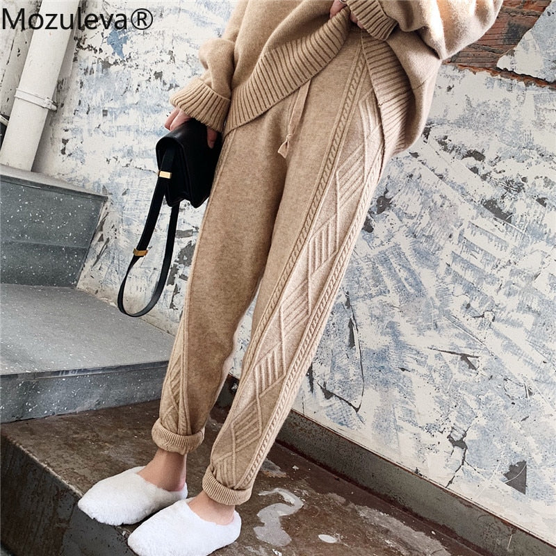 Mozuleva Winter Thicken Women Harem Pants Casual Drawstring Twisted Knitted Pants Femme Chic Warm Female Sweater Trousers 2021