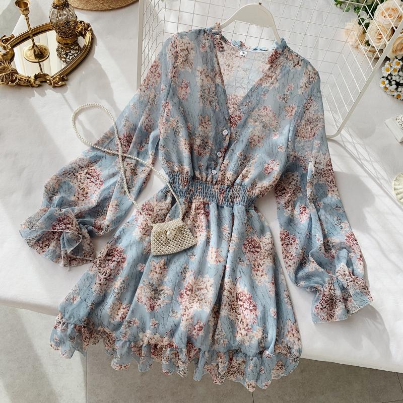 2019 new fashion women&#39;s French dress female temperament V-neck long-sleeved chiffon floral dresses