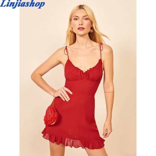 Retro ruffles mini dress women adjustable spaghetti straps red black elastic holiday fashion summer dress