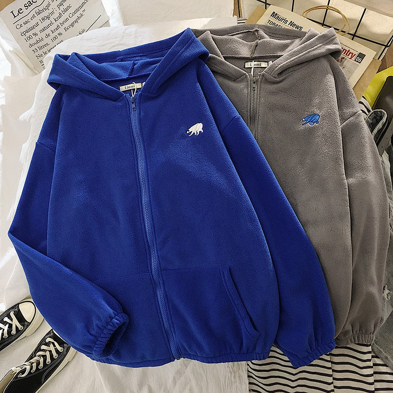 Winter Women&#39;s Hoodie Tops Autumn Korean Fashion Animal Embroidery Printing Loose Plush Zipper Sweatshirt