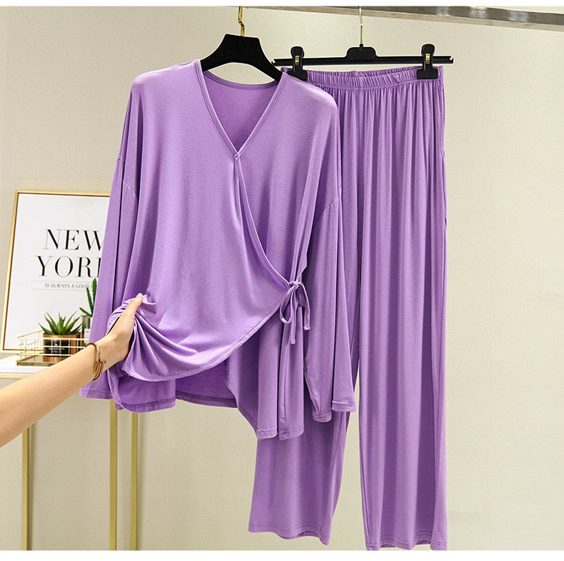 Fdfklak 2 Piece Set Pink/Gray Home Suit For Women Modal Home Cloth Loose Women&#39;s Pajamas Set Female Homewear Suit 2020 New