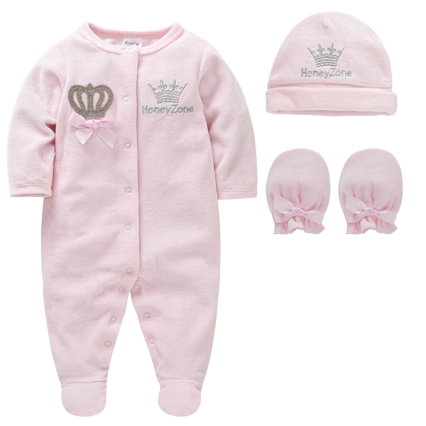 Newborn Baby Boys Girl Rompers with Hat Gloves Long Sleeve Cartoon Crown Velvet Infant Jumpsuit Overalls Toddler Onesies Outfit