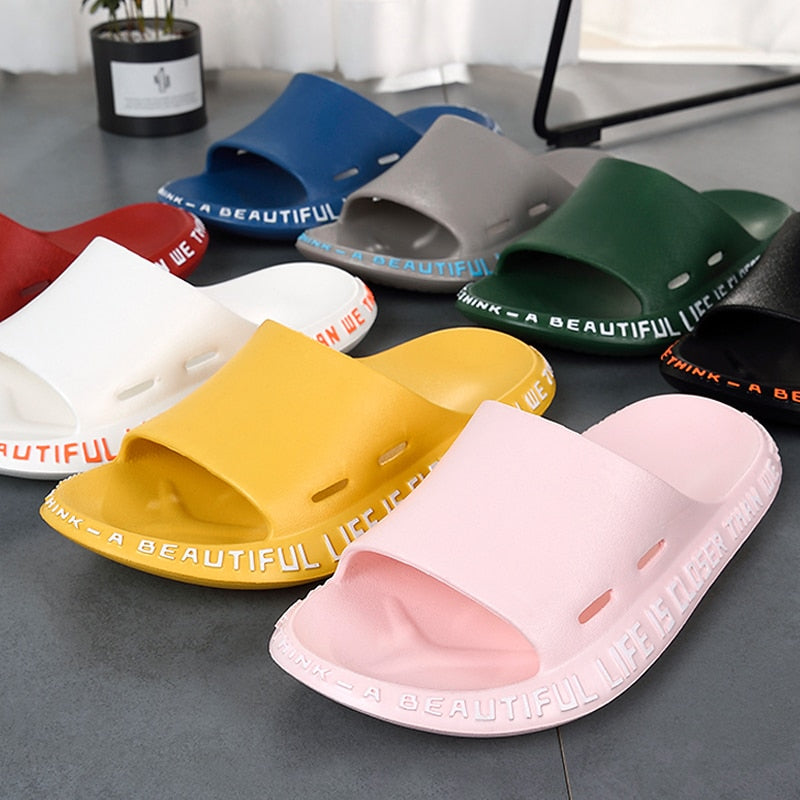 Summer Women Men Slippers Beach Slide Sandals Cute Words Alphabet Non-Slip Soft Sole Couple Ladies Home Outdoor Bathroom Shoes