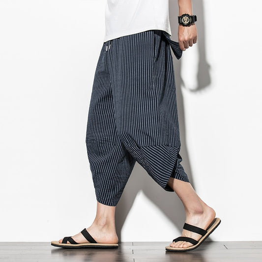 Baggy Cotton Harem Pants Men 2022 Summer Japanese Vintage Striped Men Women Hip Hop Plus Size Wide Leg Pants Pantalon