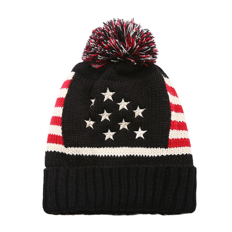 Winter Vintage Stars Stripe Knit USA Flag Beanie Skull Ski Pom Pom Hat Cap wool winter warm knitted caps and hats