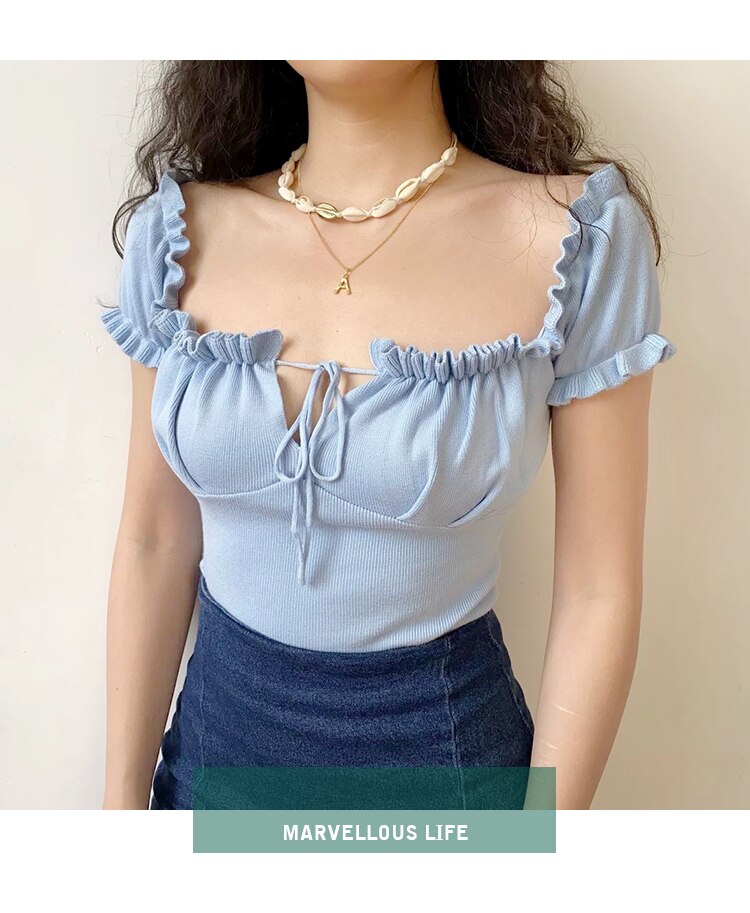 HELIAR Women Knitted Tops Drawstring Ruffles Crop Tees Crop Top Women Off Shoulder Tees Female Y2K Tops For Women 2021 Summer