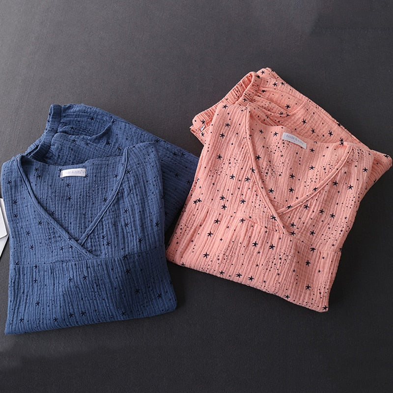 Women&#39;s Cotton Water-washed pajamas for women Pyjamas Sleepwear Pijamas Texture Crepe Gauze Long-sleeved Trousers Pajamas V-Neck