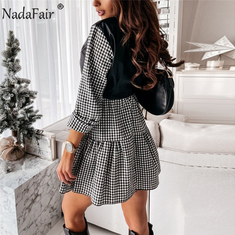 Nadafair Plaid Women's Dress Casual 2021 A-Line PU Leather Patchwork Long Sleeve Vestidos Party Elegant Short Mini Dress Women