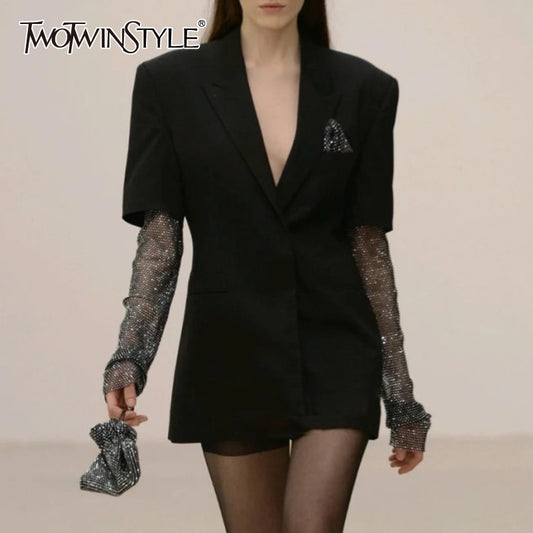 TWOTWINSTYLE Casual Patchwork Diamond Blazer For Women Notched Long Sleeve High Street Blazers Female Fashionable New Clothing