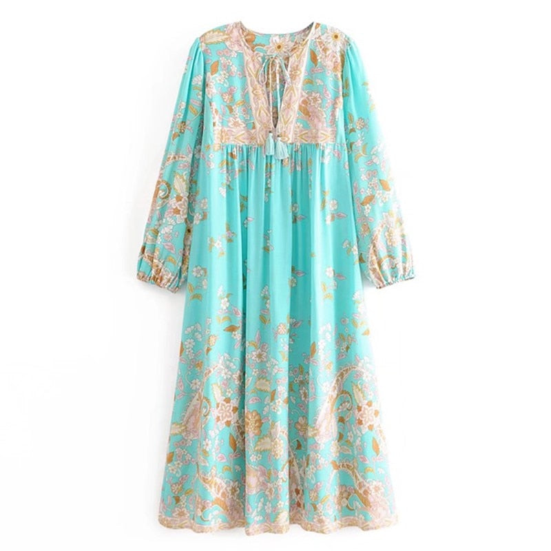 BOHO Mint Green Tassel Lacing up V neck Location Flower Print Long Dress Hippie Woman Strappy Long Sleeve Holiday Dresses Beach