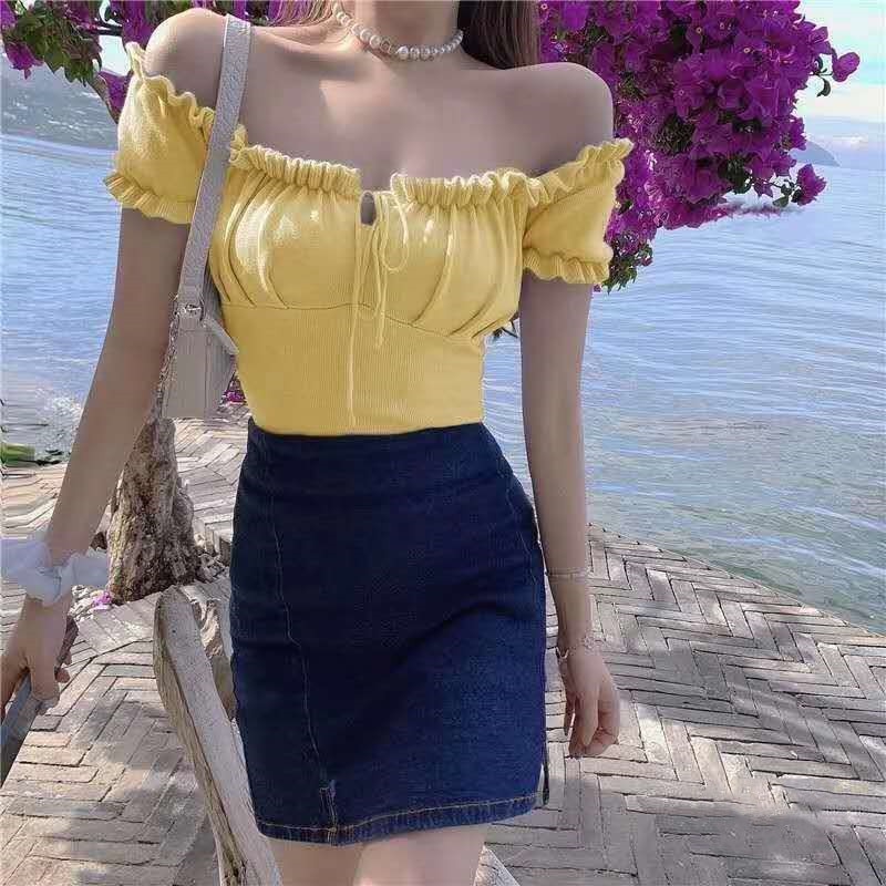HELIAR Women Knitted Tops Drawstring Ruffles Crop Tees Crop Top Women Off Shoulder Tees Female Y2K Tops For Women 2021 Summer
