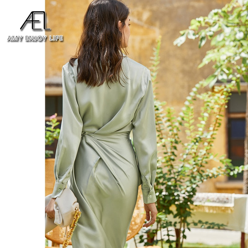 AEL lace up satin robe dress casual loose ladies Single breasted long shirt dress