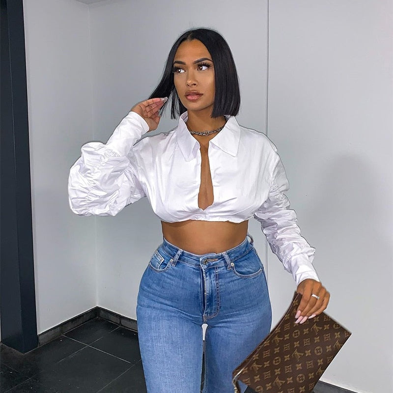 V Neck Rucehd White Puff Sleeve Shirts Women Long  Fashion Sping2020 Clothing Crop Blouses Solid Slim Hot