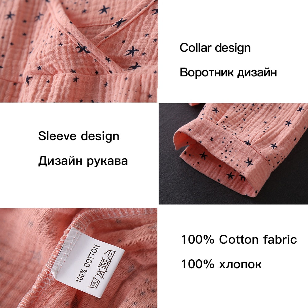 Women&#39;s Cotton Water-washed pajamas for women Pyjamas Sleepwear Pijamas Texture Crepe Gauze Long-sleeved Trousers Pajamas V-Neck