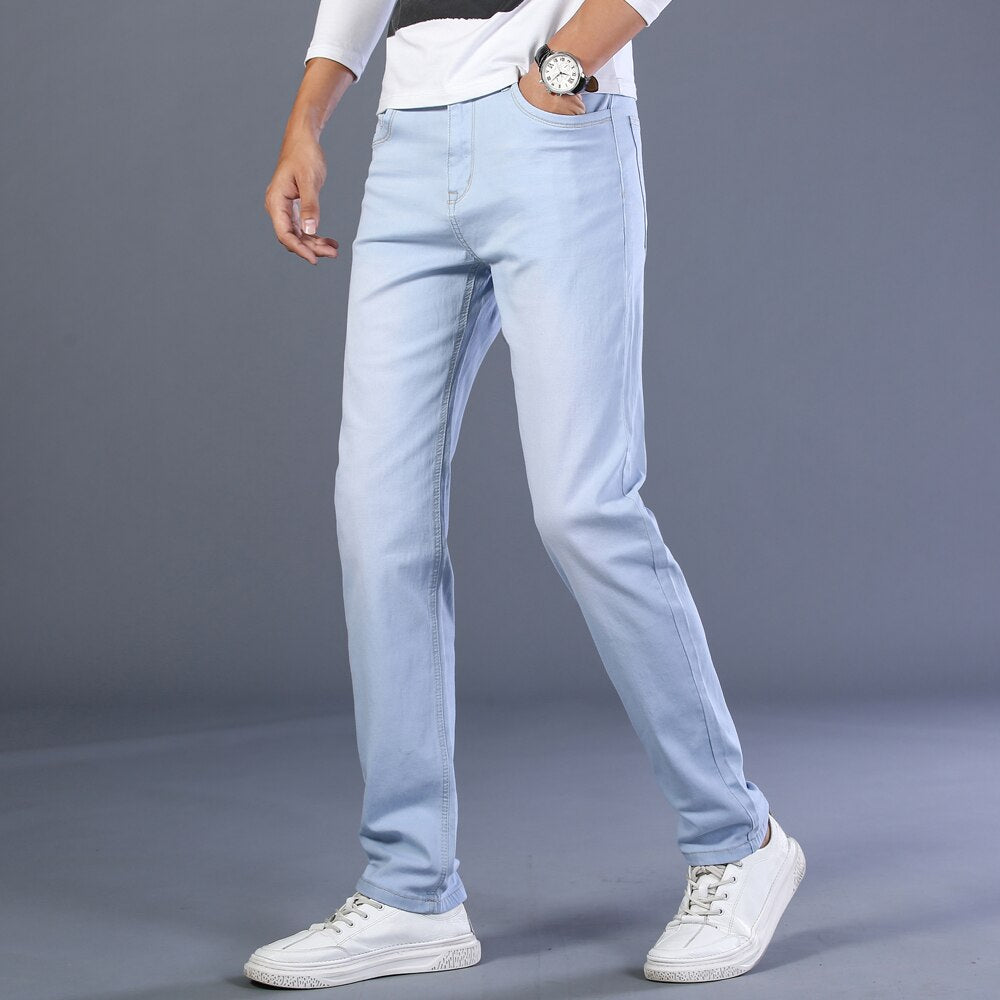 2020 New Autumn Men&#39;s Loose Straight Stretch Jeans Fashion Casual Classic Style Cotton Denim Sky Blue Pants Male Brand Trousers