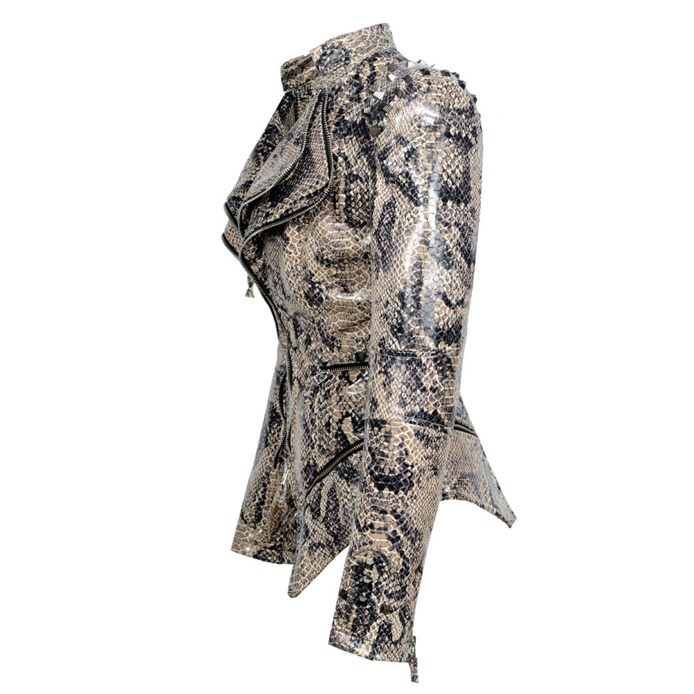 SX 2020 New Fashion Women Smooth Motorcycle faux PU Leather Jacket Lady Long Sleeve slim Biker Streetwear Snake print black Coat