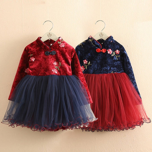 2021 Winter 2-12 Years Teenage New Year Embroidery Lace Red Traditional Chinese Garments Tang Kids Baby Girls Plus Velvet Dress