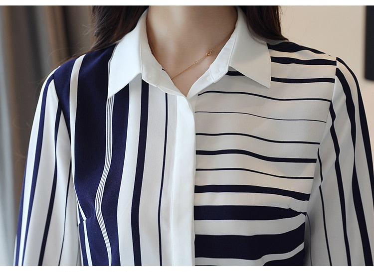Long Sleeve Women Blouses Shirts Blouse Women 2021 Turn Down Collar Office Blouse For Women Striped Chiffon Blouse Shirt B648