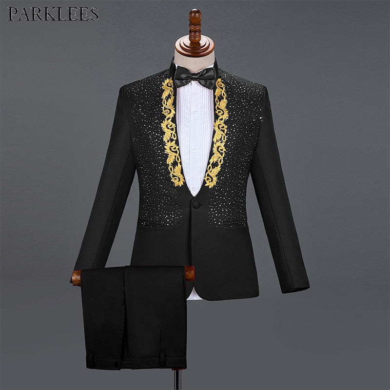 Diamond Royal Blue Men Suit Set Gold Embroidered Wedding Mens Slim Fit Tuxedo Mens Suits with Pants Prom Show Stage Costume Male
