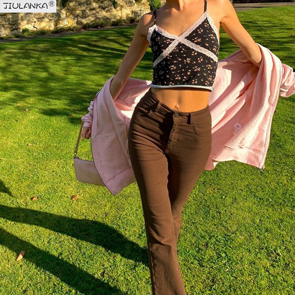 Women's stretch Flared brown jeans woman high waist black Jeans brown Pants undefined Women's pants Jean women clothing trousers