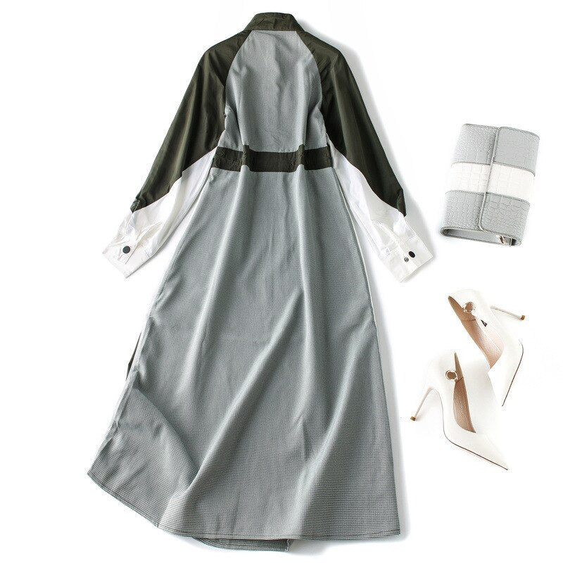Fashion mosaic dress autumn 2019 stand collar single-breasted mid-length houndstooth A-line dresses