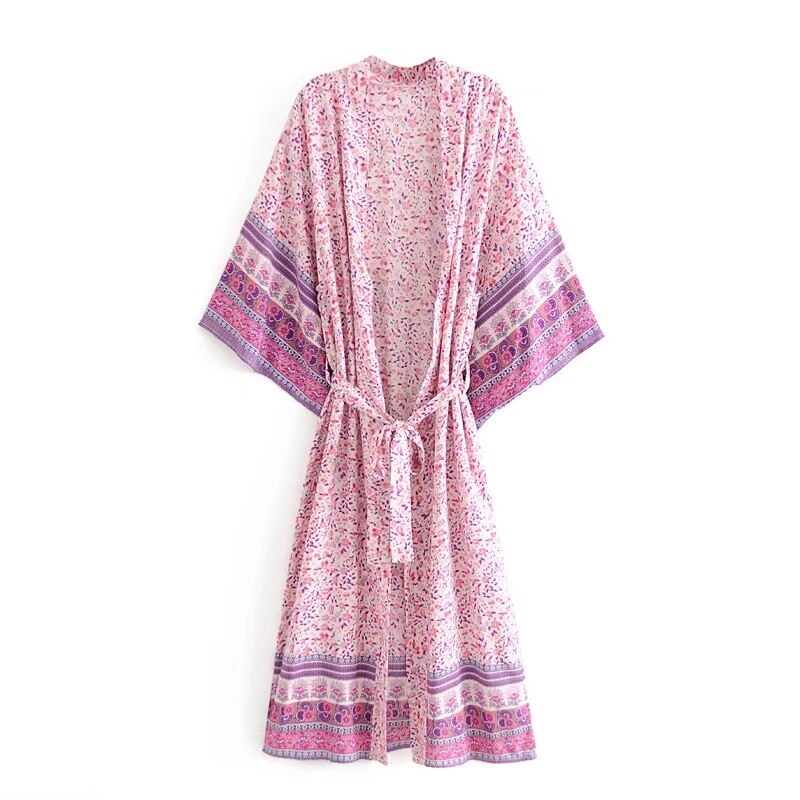 2020 BOHO Fuchsia Floral Print Long Kimono Shirt Hippie Women Lacing up Tie Bow Sashes Long Cardigan Loose Blouse Tops Holiday