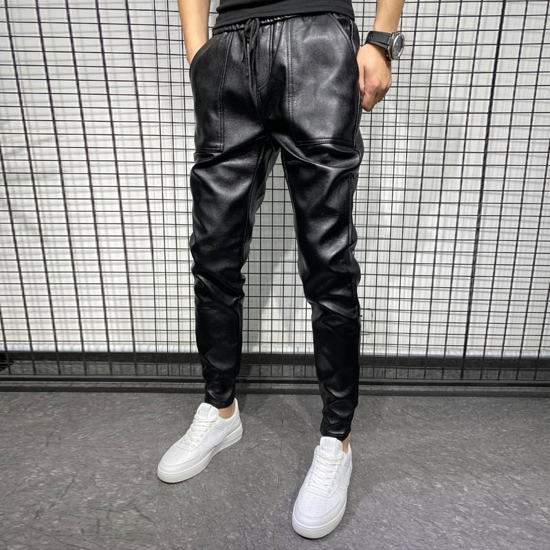 New Winter Thick Warm PU Leather Pants Men Clothing 2022 Simple Big Pocket Windproof Casual Motorcycle Trousers Black Plus Size