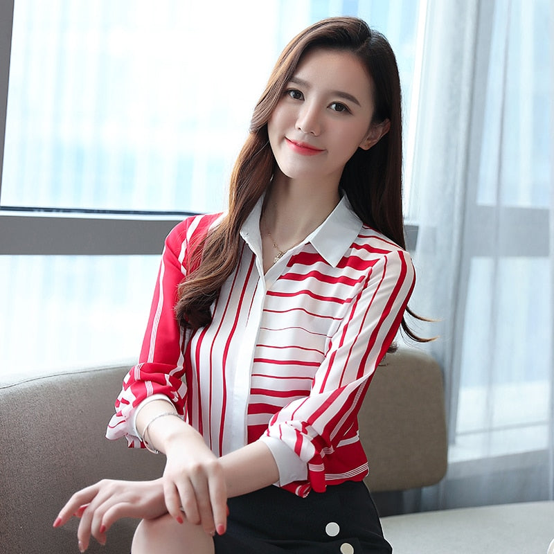 Long Sleeve Women Blouses Shirts Blouse Women 2021 Turn Down Collar Office Blouse For Women Striped Chiffon Blouse Shirt B648