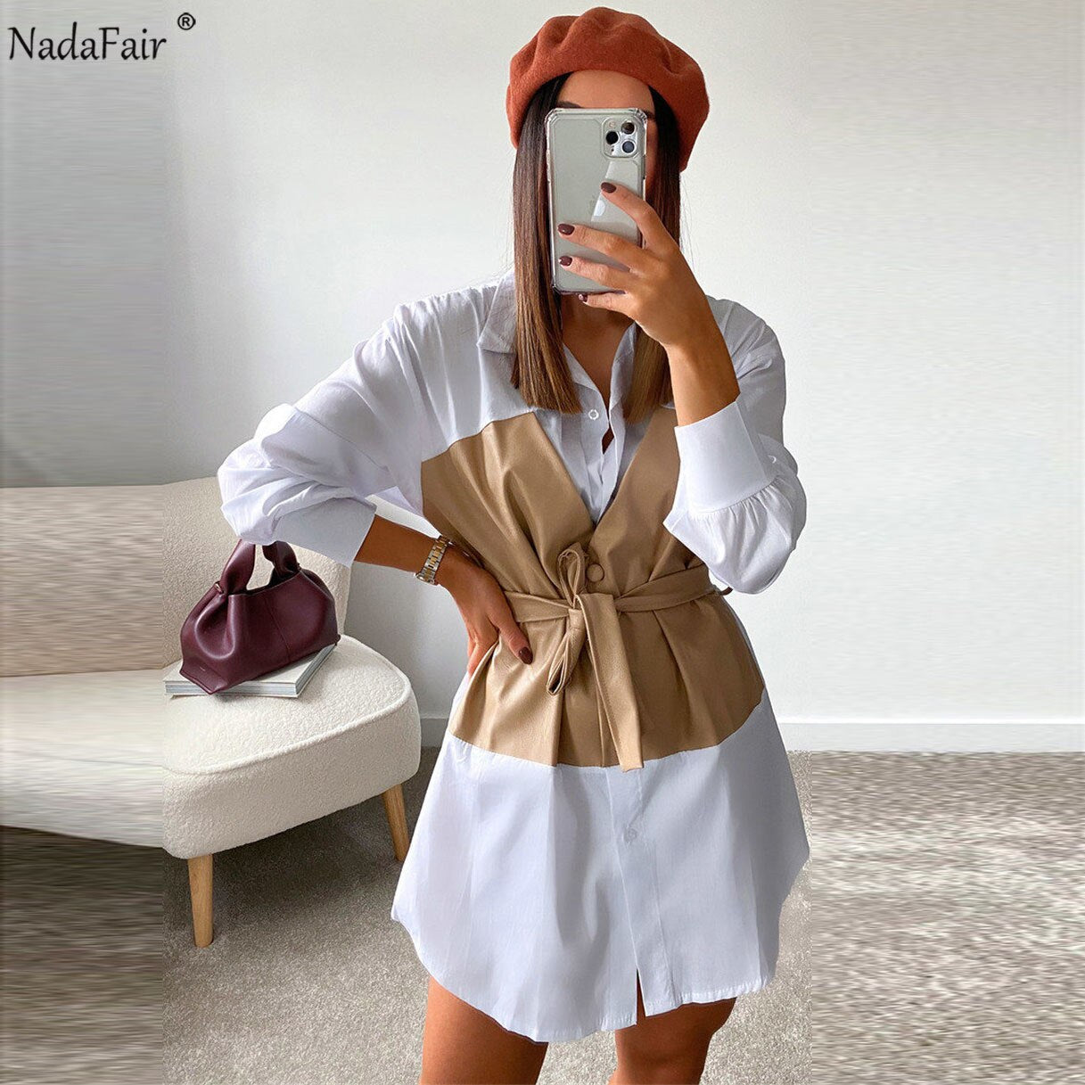 Nadafair Plaid Women's Dress Casual 2021 A-Line PU Leather Patchwork Long Sleeve Vestidos Party Elegant Short Mini Dress Women
