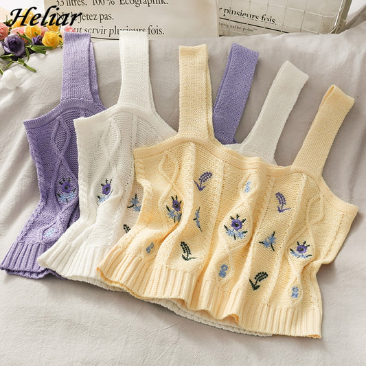 HELIAR Women Flower Embroidery Knitted Crop Tops Women Casual Tube Tops Casual Ribbed Cute Tops Crop Tops Women 2021 Summer