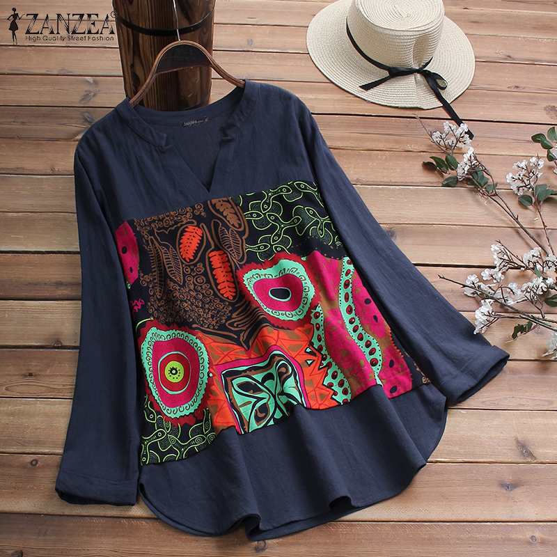 2022 ZANZEA Casual Cotton Blouse Women V Neck Long Sleeve Tunic Tops Autumn Vintage Printed Patchwork Loose Shirts Female Blusas