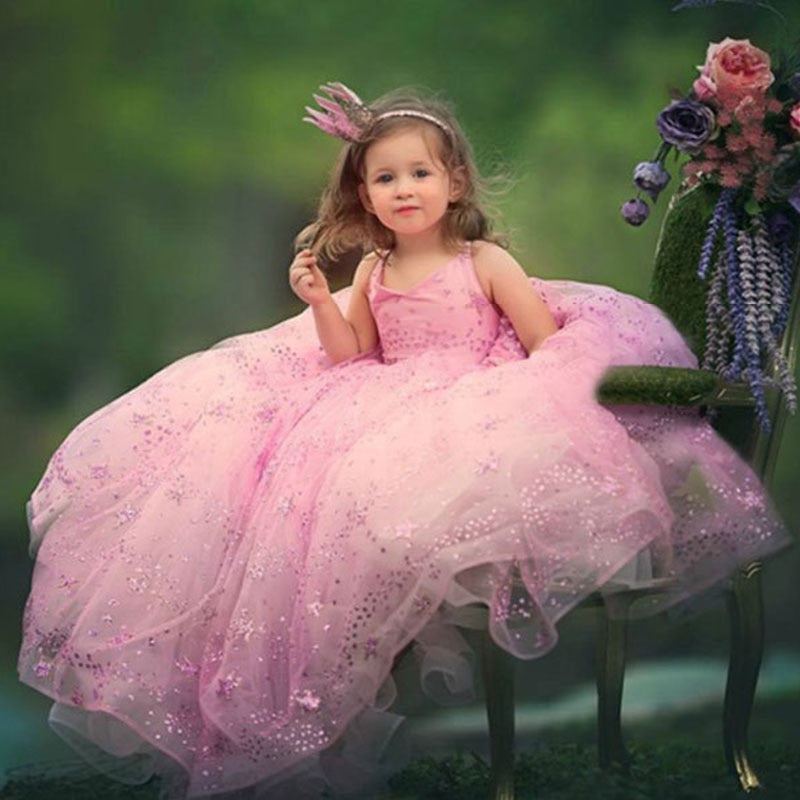 Kids Wedding Party Dresses for Girls Children Sequins Ball Gowns Pink Black Sundress Baby Infant 1 year girl baby birthday dress